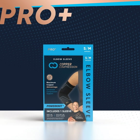 Copper Compression PRO+ Powerknit Performance Elbow Sleeve S/M: Compression for Tennis Elbow, Tendonitis, Bursitis, Arthritis, Swelling & Pain Relief  (Unisex, Black, 1 Sleeve)