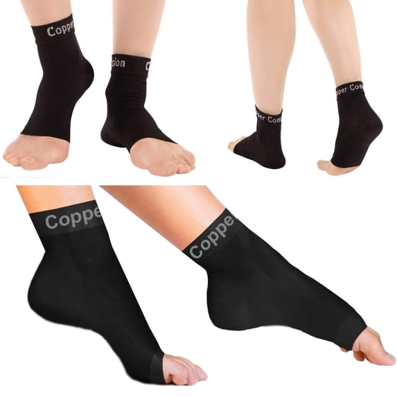 Copper Compression Foot Sleeves - Plantar Fasciitis, Achilles, Ankle Support Brace Socks - Day / Night Relief from Heel Spurs, Arch Pain, Swelling, Soccer Injuries, Golf, Running - 1 Pair Black - M