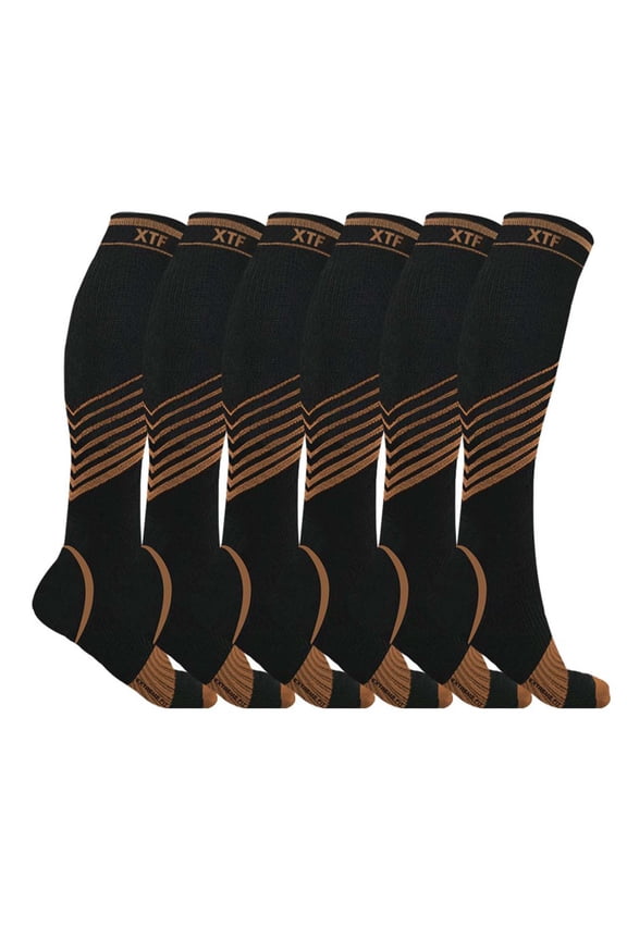 Copper Compression Socks - Knee High for Running, Athtletics, Travel - 6 Pair