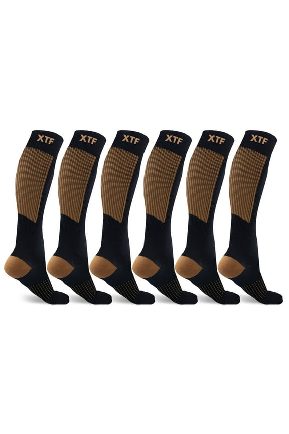 Copper Compression Socks - Knee High for Running, Athtletics, Travel - 6 Pair