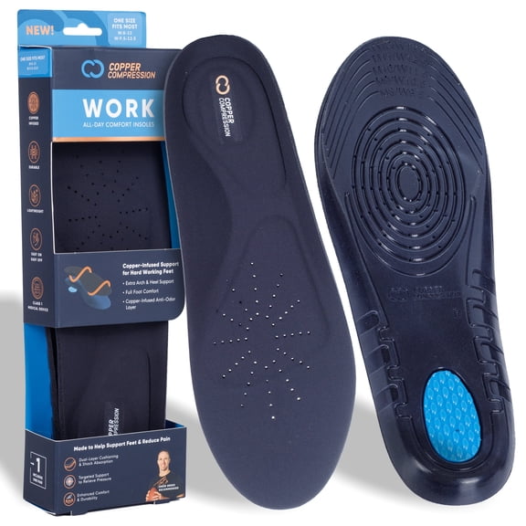 Copper Compression Work All Day Comfort Insoles. Trim to Fit Shoe Inserts for Men and Women. Plantar Fasciitis, Arch Support, Heel Cushioning, Metatarsal Pad. Copper Infused Odor Control Top Layer.