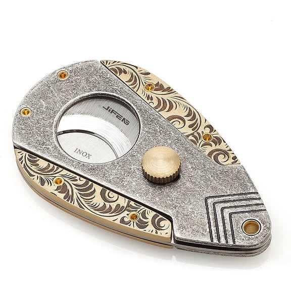 Copper Construction Fancy Flora Carving in Vintage Silver Body and Golden Wings Cigar Cutter/Scissor with 2 Blades