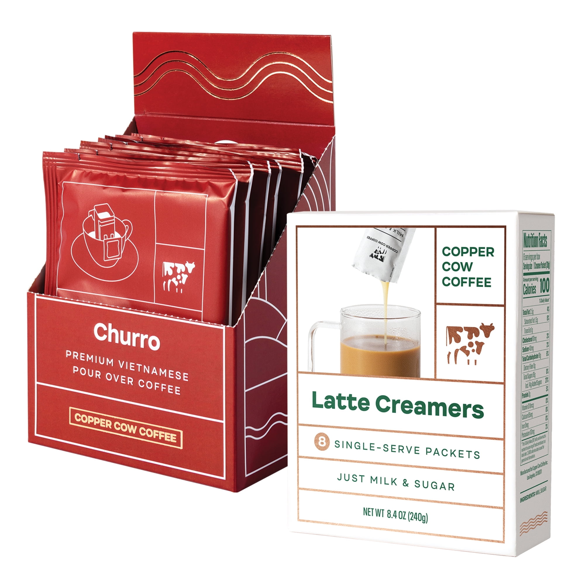 Copper Cow Coffee Churro Latte 8 Pour Over Coffees + 8 Sweetened Condensed Milk Creamers (Allergen Statement: Contains Milk)
