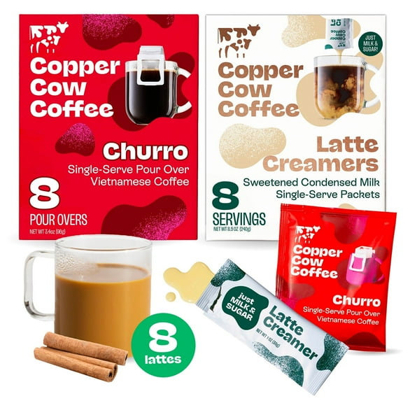 Copper Cow Coffee Pour Over Vietnamese Coffee Pouches + Sweetened Condensed Milk Creamers (8 Coffees & 8 Milk Creamers) | Classic Black Lattes
