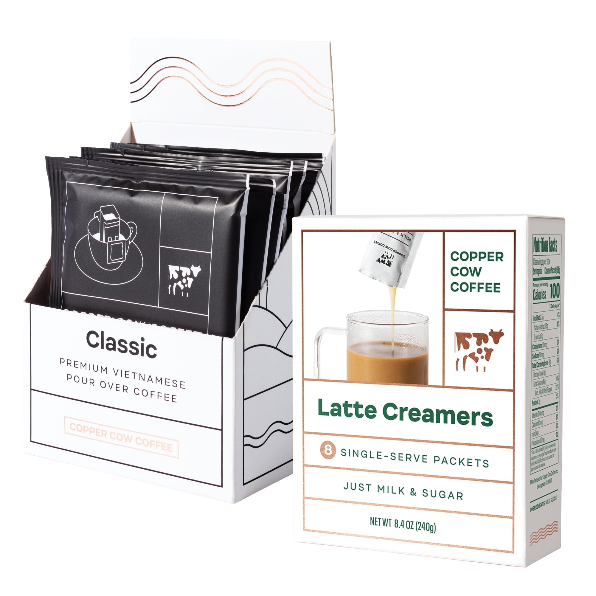 Copper Cow Coffee Pour Over Vietnamese Coffee Pouches + Sweetened Condensed Milk Creamers (8 Coffees & 8 Milk Creamers) | Classic Black Lattes