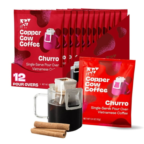 Copper Cow Coffee Pour Over Single-Serve Vietnamese Coffee Pouches (12 pack) | Churro | Dark Roast | Convenient Vietnamese Ground Coffee Packets
