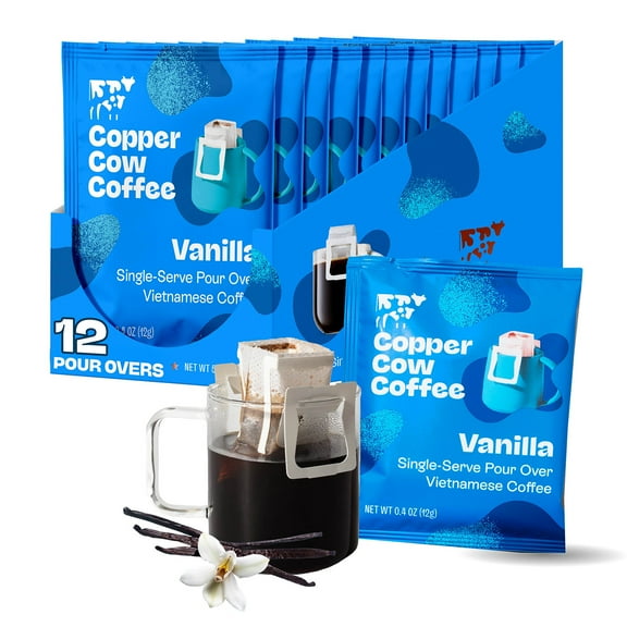 Copper Cow Coffee Pour Over Single-Serve Vietnamese Coffee Pouches (12 pack) | Vanilla | Dark Roast | Convenient Vietnamese Ground Coffee Packets