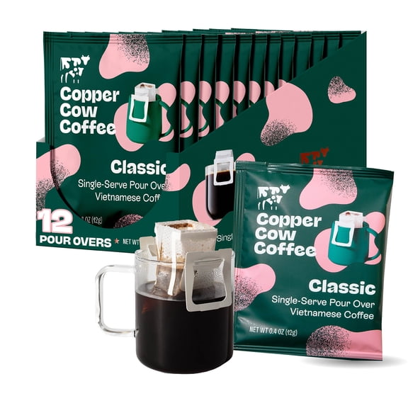 Copper Cow Coffee Pour Over Single-Serve Vietnamese Coffee Pouches (12 pack) | Classic Black | Dark Roast | Convenient Vietnamese Ground Coffee Packets