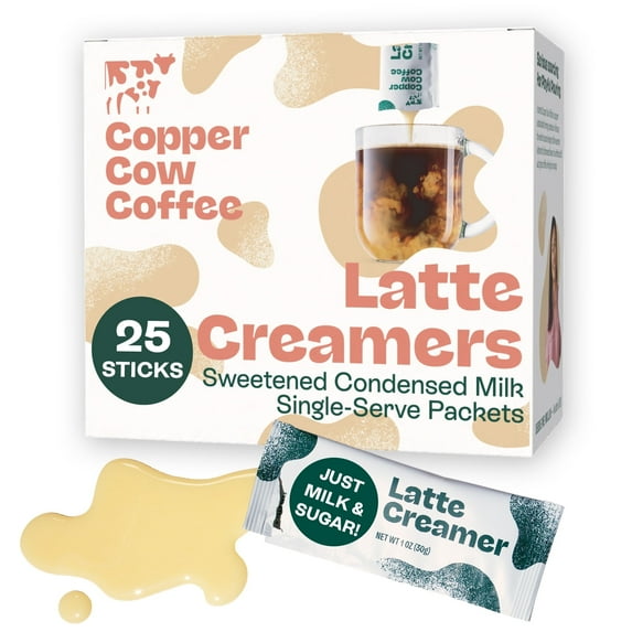 Copper Cow Coffee Sweetened Condensed Milk Coffee Creamer Singles (25 pack) | Coffee Creamer, All Natural Creamer Packets | No Refrigeration Needed