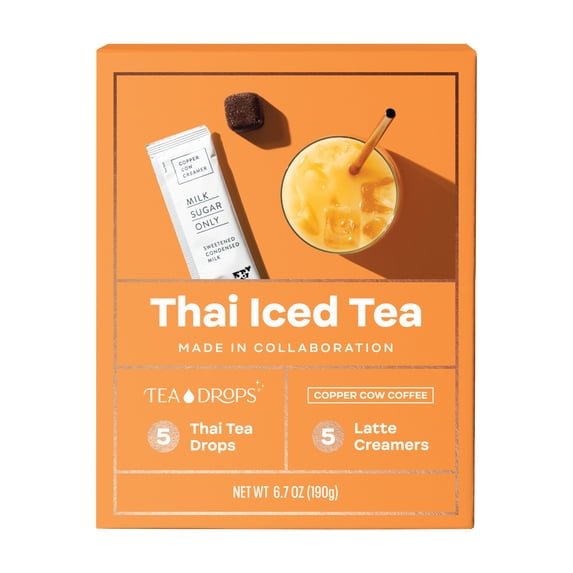 Copper Cow Coffee, Tea Drops Thai Tea Lattes, 5ct Bagless Tea Drops and 5count Condensed Milk