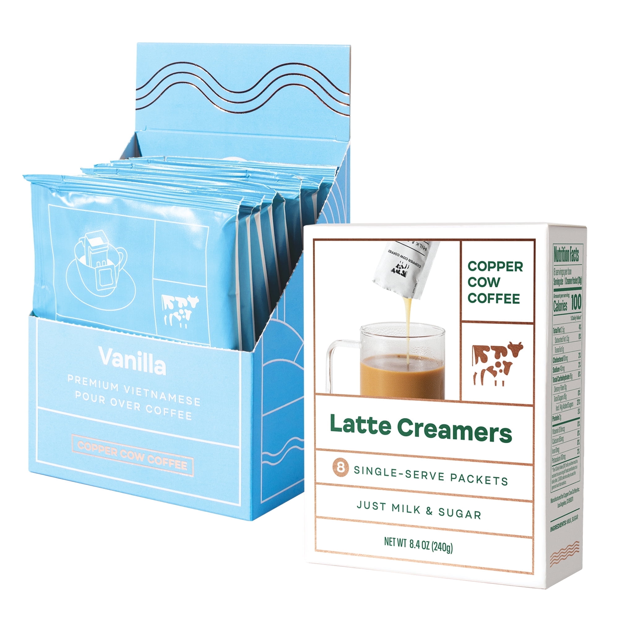 Copper Cow Coffee Pour Over Vietnamese Coffee Pouches + Sweetened Condensed Milk Creamers (8 Vanilla Coffees & 8 Milk Creamers) | Vanilla Lattes