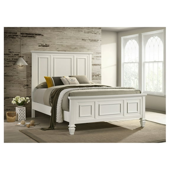 Copper Cream White Wood Queen Panel Bed Box Spring Not Required + Queen + White + Wood + Bedroom + Panel + Solid Wood