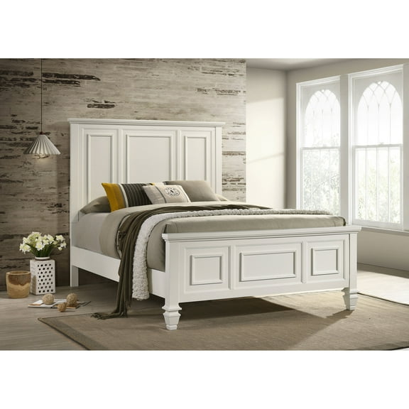 Copper Cream White Wood Queen Panel Bed Frame with Slatted Headboard & Footboard - Durable Asian Hardwood, Brightening Finish for Bedroom - 87" L x 65" W
