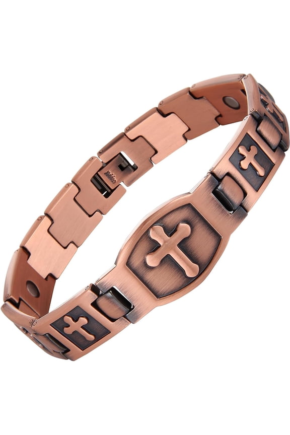 Copper Cross Bracelet for Men, Ultra Strength Magnetic Jewelry, Rice-Ear Design Adjustable Copper Biblical Cross Bracelet