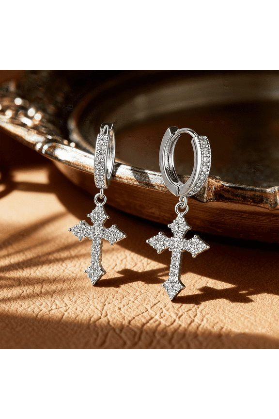 Copper Cross Hoop Earrings with Zirconia, Gold & Silver Tone Religious Dangle Earrings, Iced Out Faith-Inspired Jewelry for Women/Men