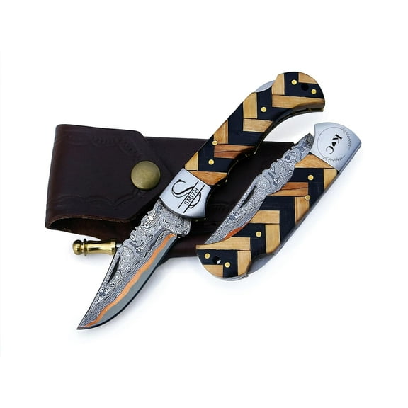 Copper Damascus Pocket Knife – Olive & Black Handle, Folding Tactical Hunting Knife with Sheath & Sharpener – Perfect for Outdoor Use