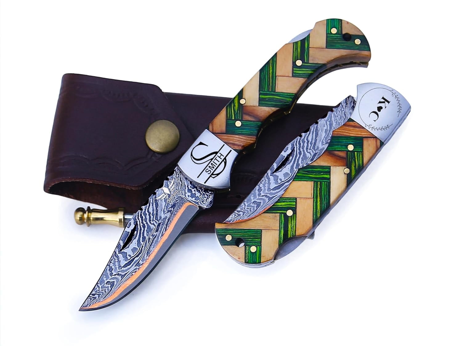 Copper Damascus Pocket Knife – Olive & Green Handle, Folding Tactical Hunting Knife with Sheath & Sharpener – Perfect for Outdoor Use