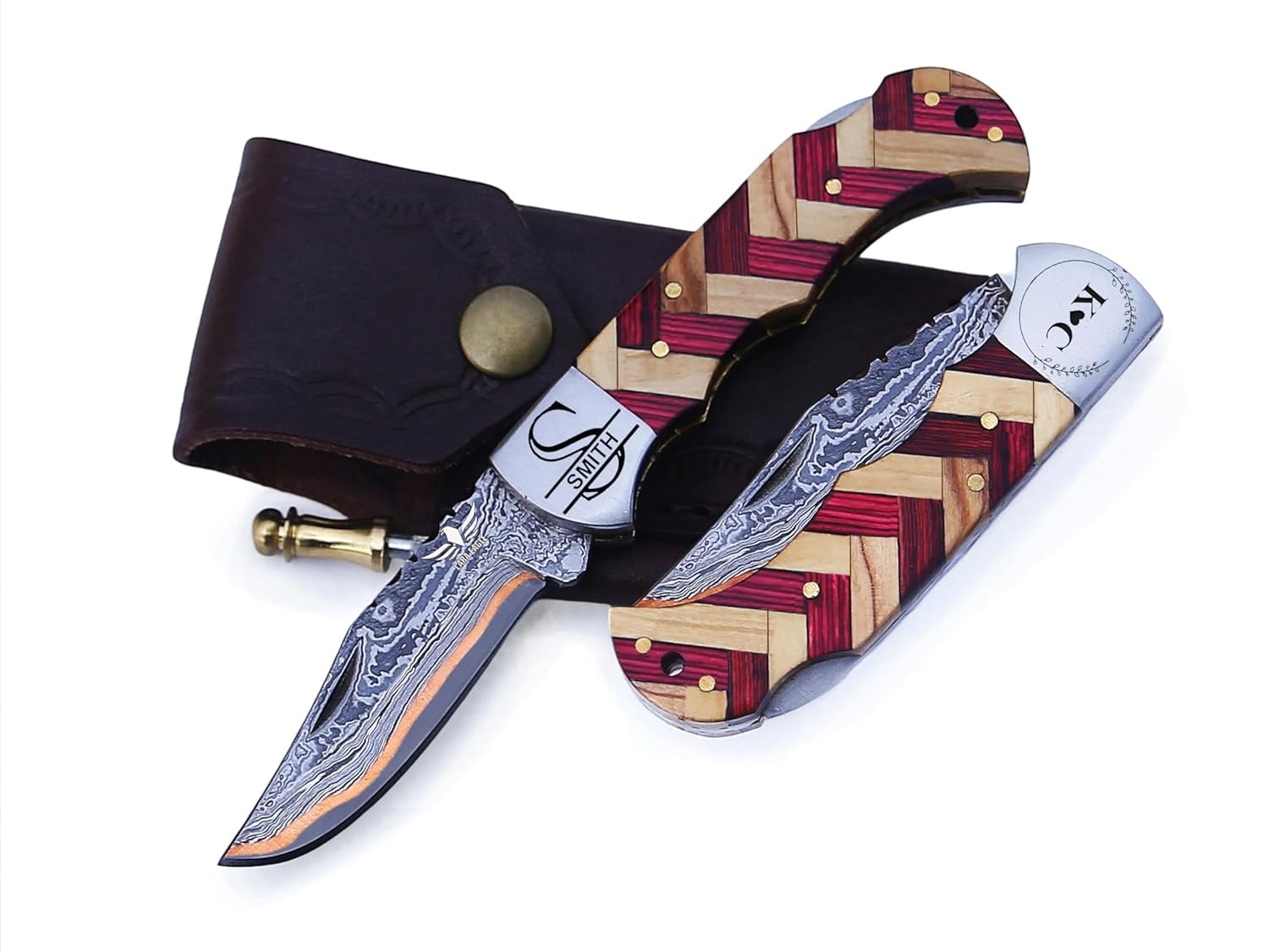 Copper Damascus Pocket Knife – Olive + Pink Handle, Folding Tactical Hunting Knife with Sheath & Sharpener – Ideal for Survival and Camping