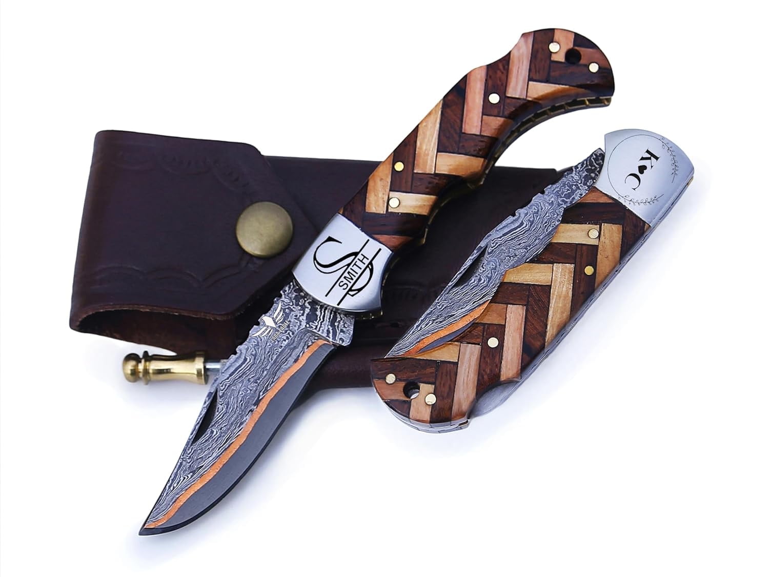 Copper Damascus Pocket Knife – Olive & Rose Wood Handle, Folding Tactical Knife with Sheath & Sharpener – Perfect for Camping and Hiking Adventures