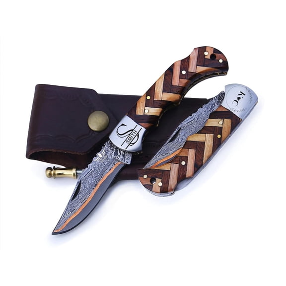 Copper Damascus Pocket Knife – Olive & Rose Wood Handle, Folding Tactical Knife with Sheath & Sharpener – Perfect for Camping and Hiking Adventures