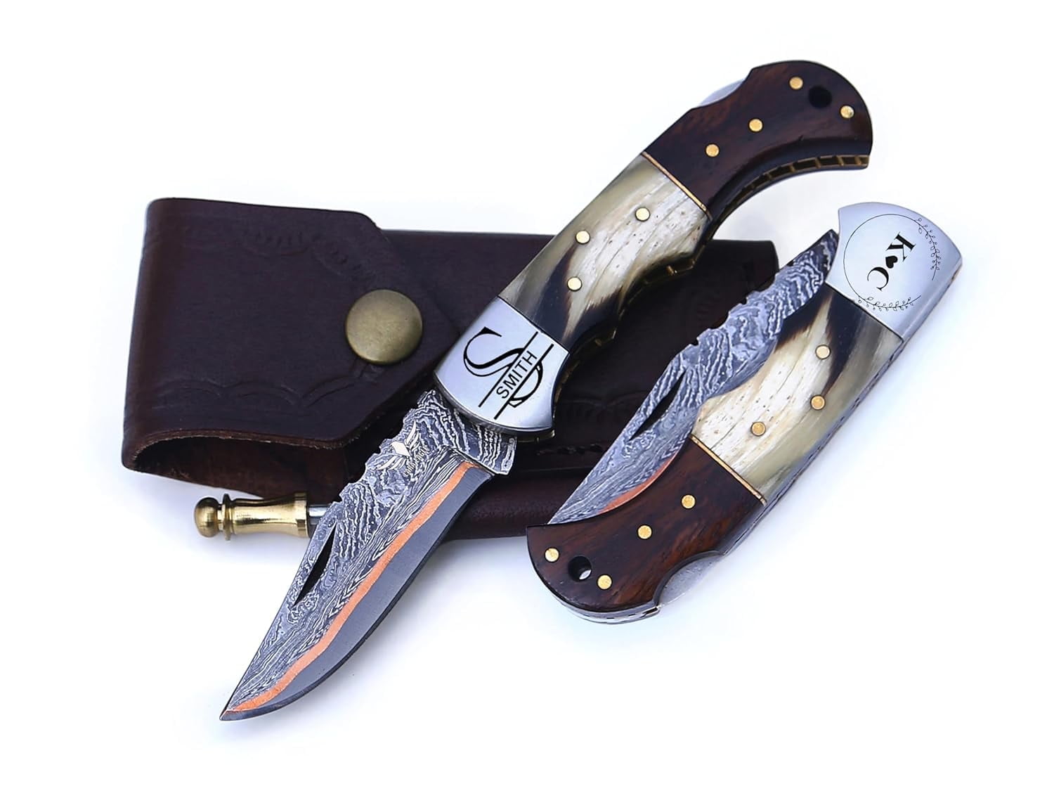 Copper Damascus Pocket Knife – Ram Horn & Rose Wood Handle, Folding Tactical Hunting Knife with Sheath & Sharpener – Great for Camping, Hiking, and Survival