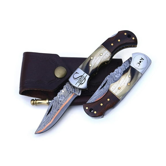 Copper Damascus Pocket Knife – Ram Horn & Rose Wood Handle, Folding Tactical Hunting Knife with Sheath & Sharpener – Great for Camping, Hiking, and Survival