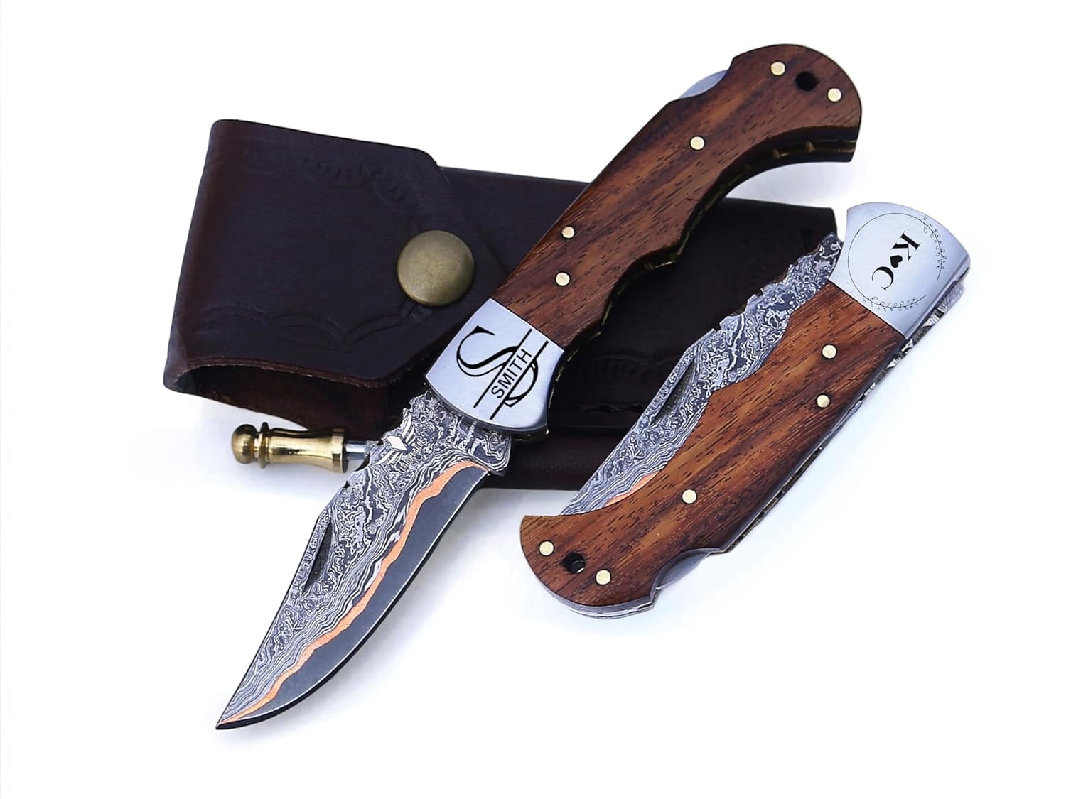Copper Damascus Pocket Knife – Rose Wood Handle, Folding Hunting Knife with Leather Sheath & Sharpener – Ideal for Tactical, Survival, and Camping Use