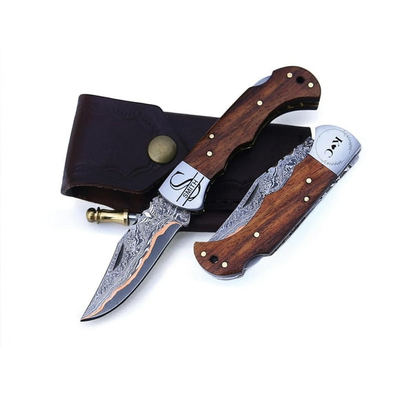 Copper Damascus Pocket Knife Rose Wood Handle, Folding Hunting Knife with Leather Sheath & Sharpener Ideal for Tactical, Survival, and Camping Use