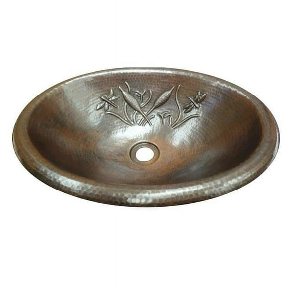 Copper Design COS-D-17-FL-DB Copper Oval Bath Sink with Design, Dark Brown - 5.5 x 10.5 x 17 in.
