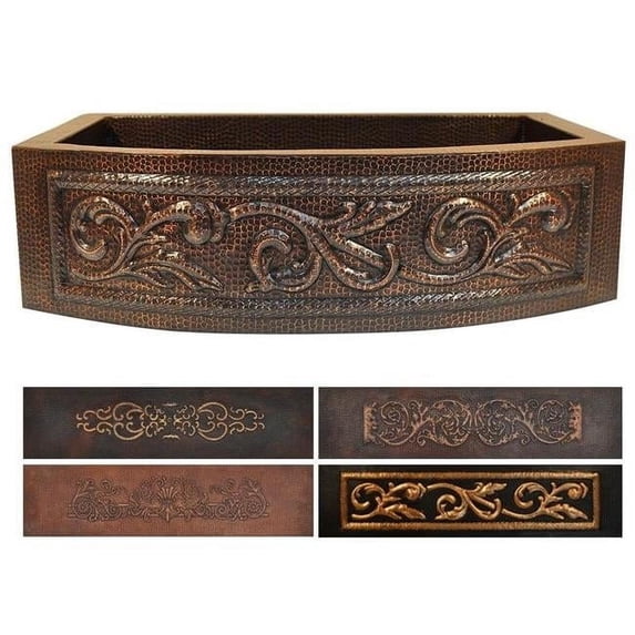 Copper Design CRA-36229-D2-MA Copper Round Apron Kitchen Sink with Design, Matte - Large - 9 x 22 x 36 in.