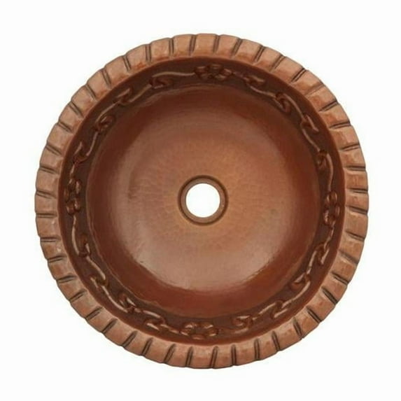 Copper Design CRS-FW-15-FL-DB Copper Round Bath Sink, Dark Brown - Flower Design