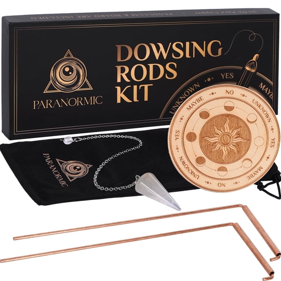 PARANORMIC Dowsing Rods Kit  99.9% Pure Copper Rods, Quartz Pendulum & Engraved Wooden Board  Ghost Hunting, Water Divining & Divination