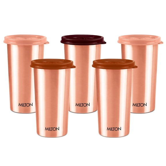 Copper Drinking Water Tumbler with Lid, Set of 5, 480 ml Each, Copper Indian Handmade