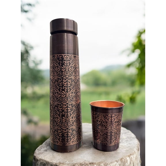 Copper Drinkware Gift Set with Elegant Embossed Design 1 Bottle (800ml) & 1 Glass (275ml) Ideal for Home, Office, or Gifting