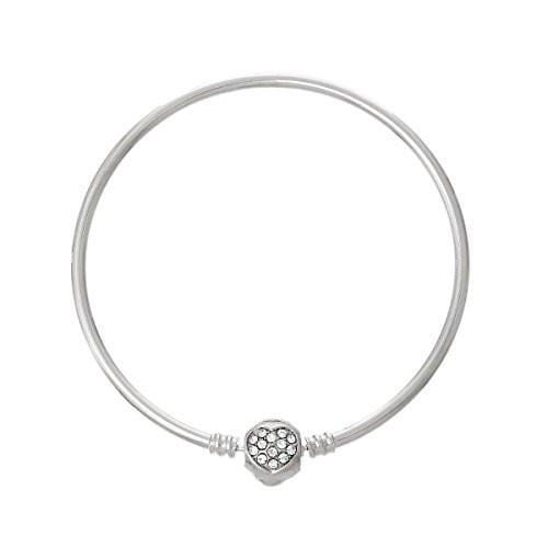 Copper European Charm Bangle Bracelet Silver Tone with Clear Crystal Heart