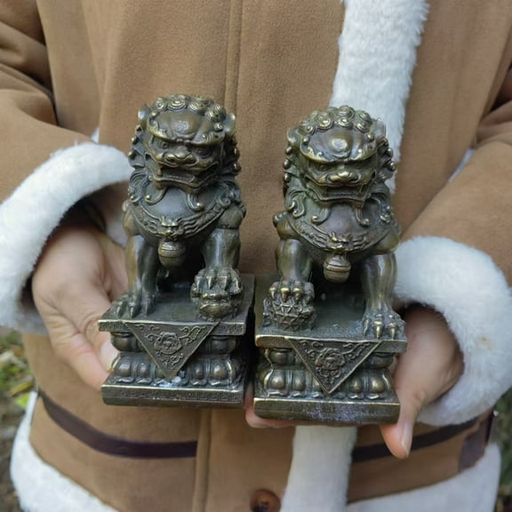 Copper Evil Fu Foo Dog Lion Statue Pair Signed, Asian Antiques Chinese Bronze Fu Foo Dog Guardian Lion Statues, Marked FengShui wealth