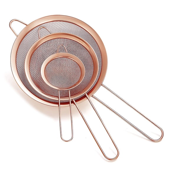 Copper Fine Mesh Strainer 3 Piece Set, Stainless Steel Flour Sifter for Baking, Matcha Tea Strainer, Pasta Strainer, Gravy Sepaor, Kitchen Sieve for Cooking, Dishwasher Safe, Rose Gold, Brown