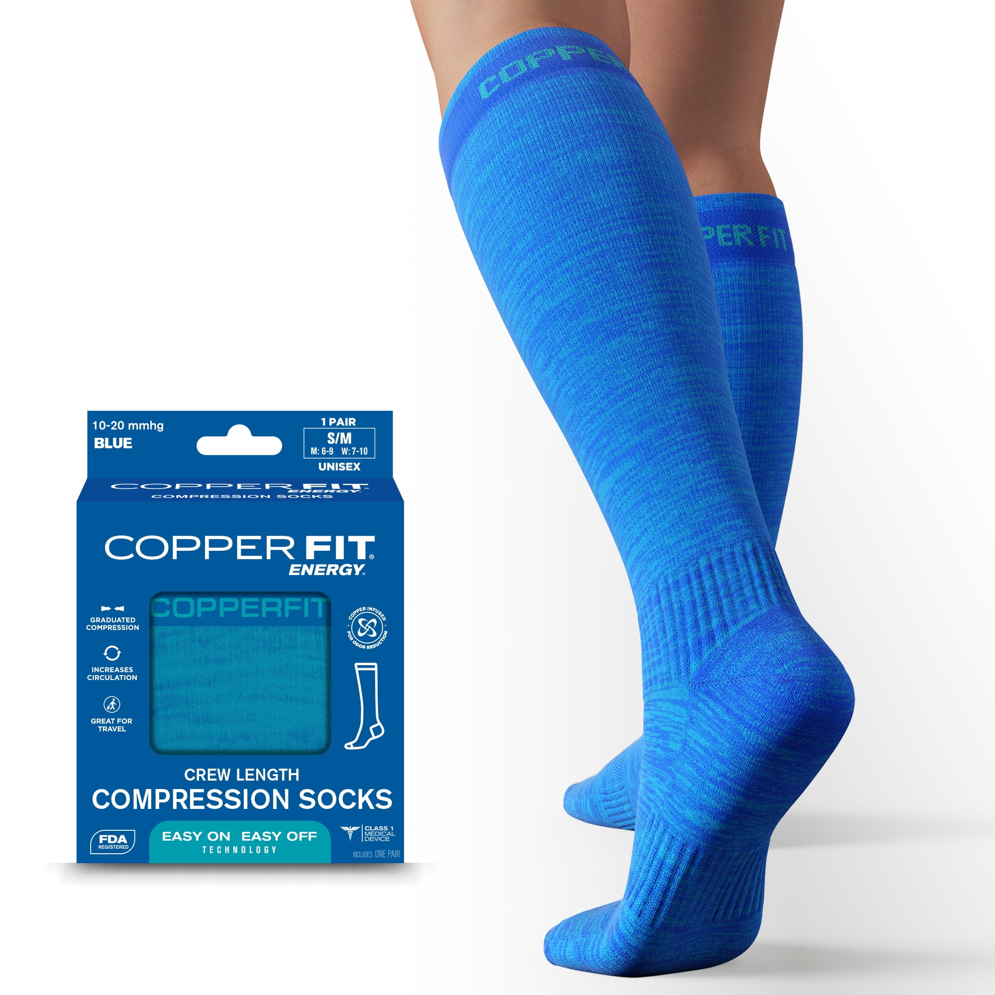 Copper Fit® Compression Socks, Copper Infused Easy-On/Off, 1-pair, Unisex, Heather Blue, L/XL