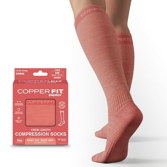 Copper Fit® Compression Socks, Copper Infused Easy-On/Off, 1-pair, Unisex, Heather Coral, L/XL
