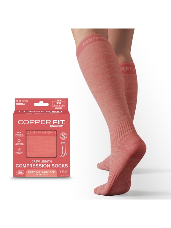 ® Compression Socks, Copper Infused Easy-On/Off, 1-pair, Unisex, Heather Coral, S/M