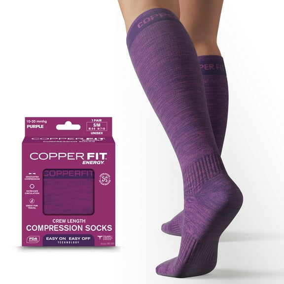 Copper Fit® Compression Socks, Copper Infused Easy-On/Off, 1-pair, Unisex, Heather Purple, S/M