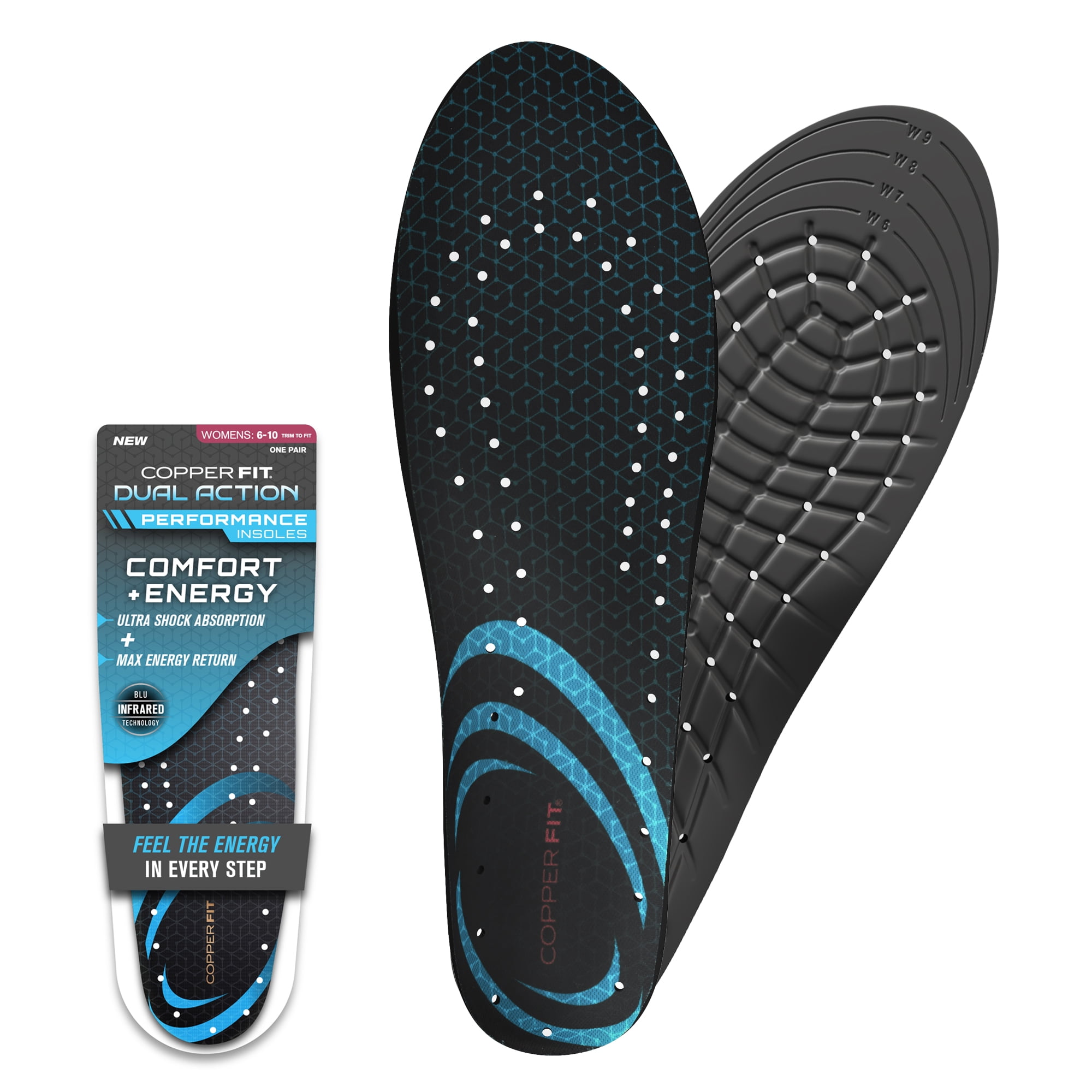 Copper Fit Dual Action Women's Performance Insoles with Gel Cushion, Size 6–10, Blu-Infrared Fabric