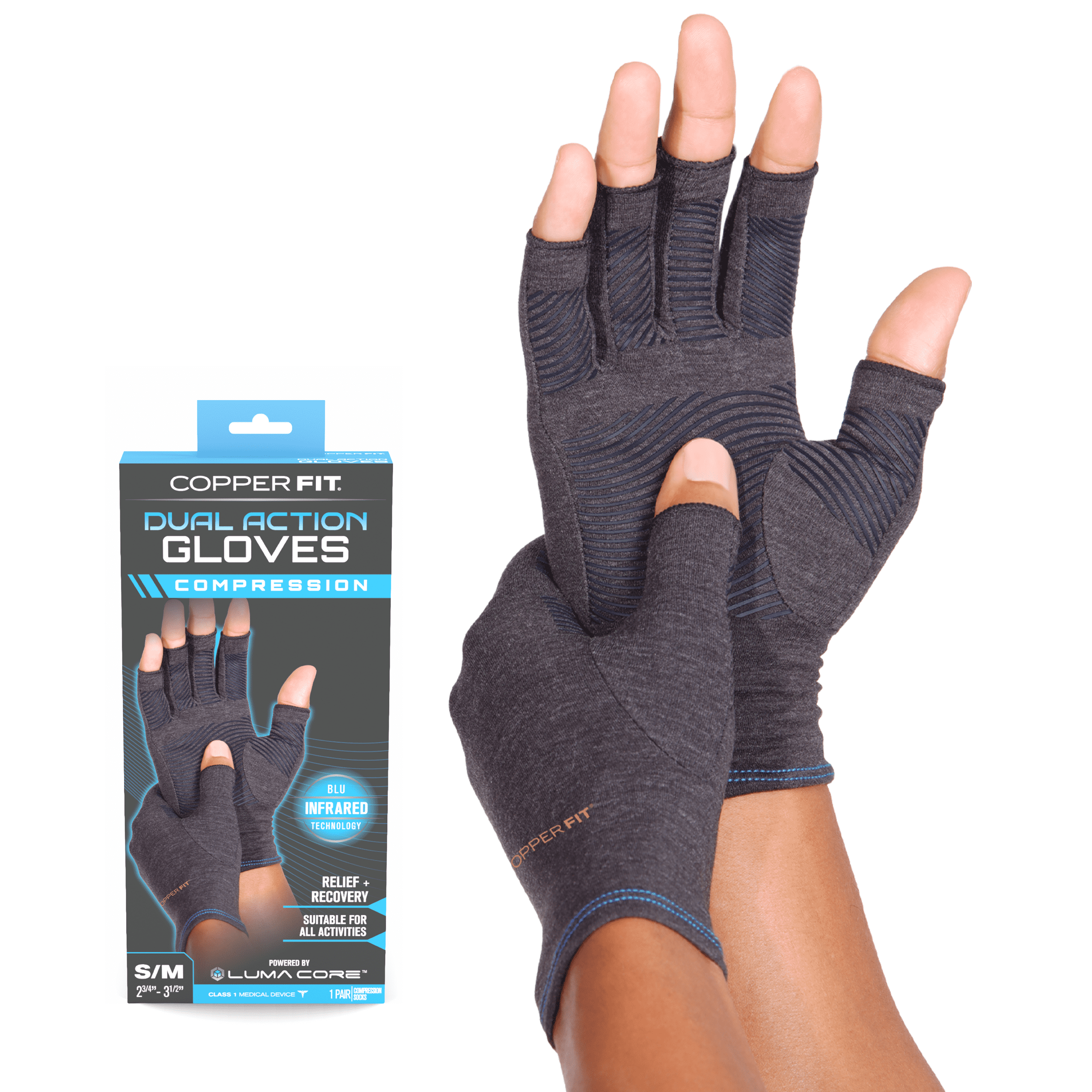 Copper Fit Dual Action Compression Gloves; Copper Infused & w/ Infrared Technology – Black, Small/Medium