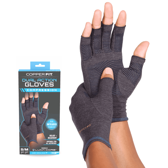Copper Fit Dual Action Compression Gloves; Copper Infused & w/ Infrared Technology – Black, Small/Medium
