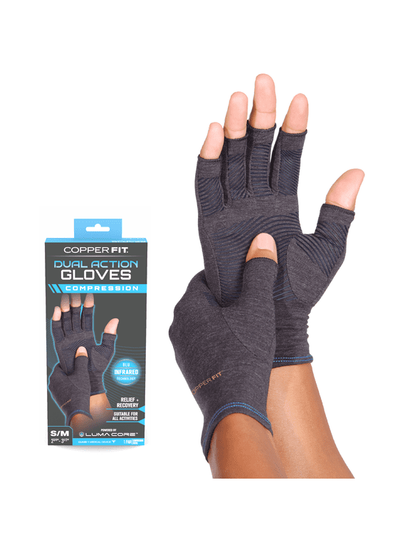 Dual Action Compression Gloves; Copper Infused & w/ Infrared Technology – Black, Small/Medium