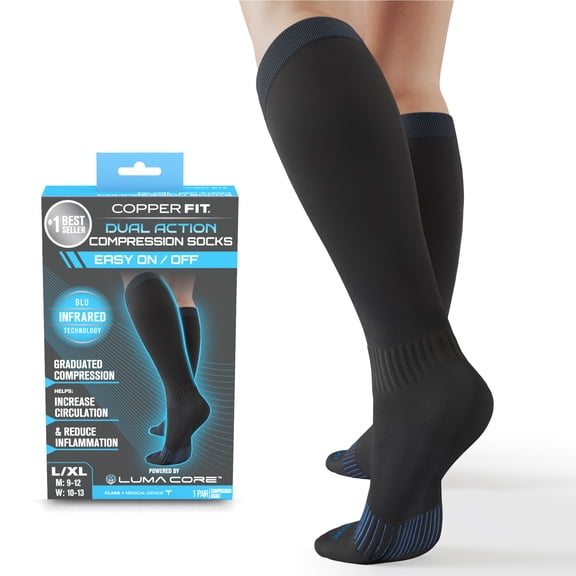 Copper Fit Dual Action Compression Socks – Easy On & Off, Improves Circulation, Reduces Swelling, 10–20 mmHg, Large/XL