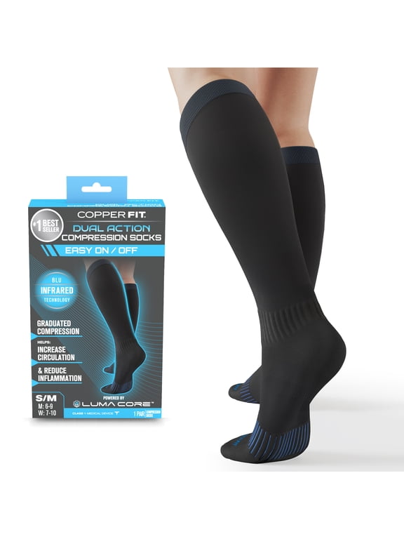 Dual Action Compression Socks – Easy On & Off, Improves Circulation, Reduces Swelling for Men & Women, Work & Running, 10–20 mmHg, Small/Medium