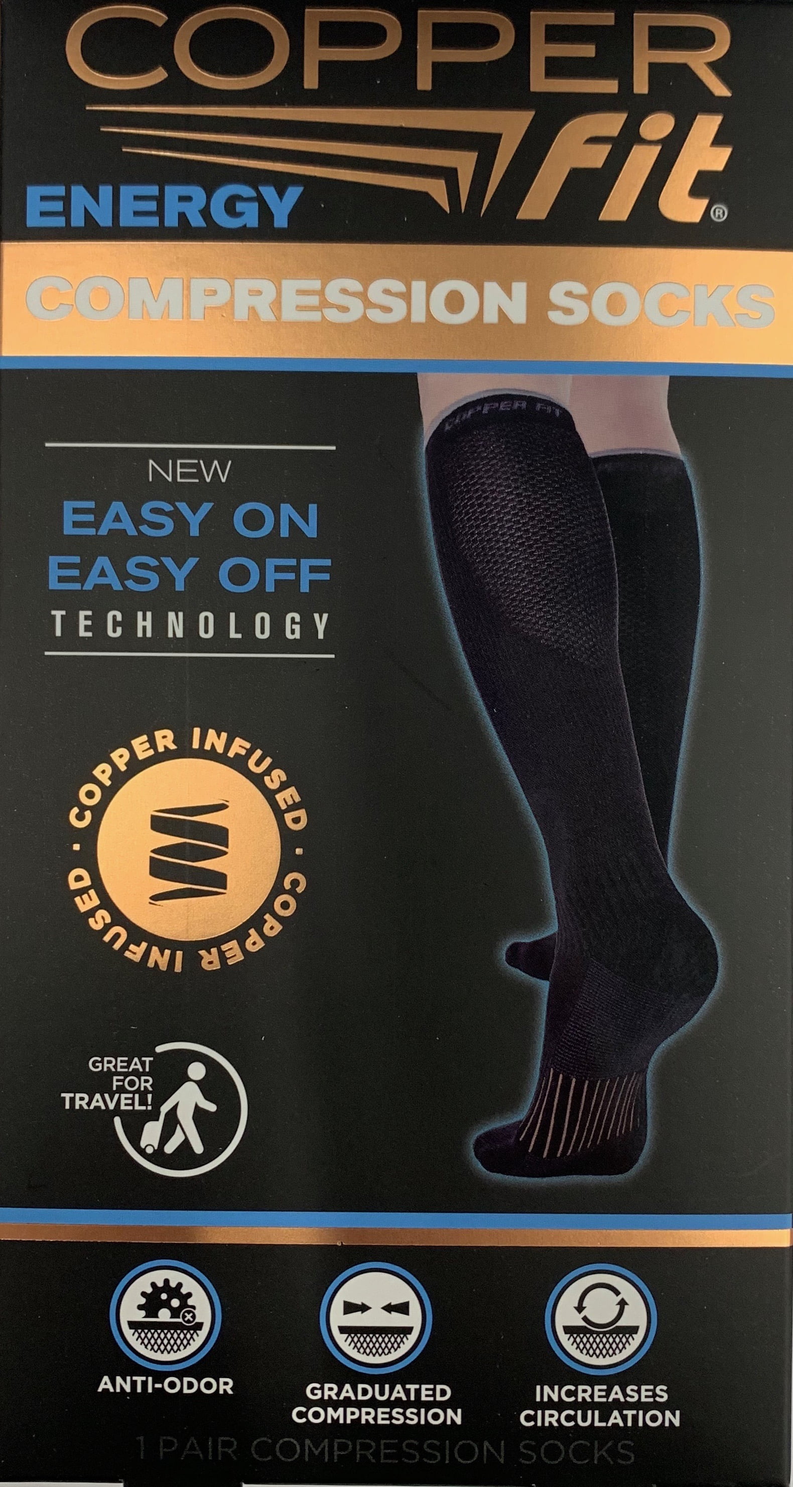Copper Fit Energy Unisex Easy-on/Easy-off Knee Compression Socks, Black, Large/XL, 1 Pair