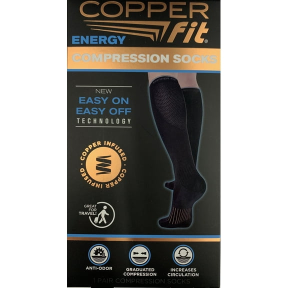 Copper Fit Energy Unisex Easy-on/Easy-off Knee Compression Socks, Black, Large/XL, 1 Pair