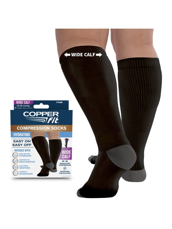 Compression Socks, Wide Calf, Silky-Soft, Hydrating, Unisex, Black, L/XL